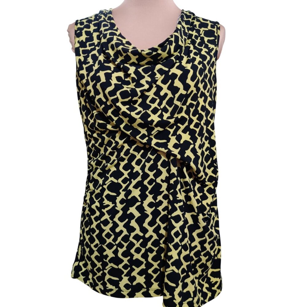 Susan Lawrence Womens Blouse Sleeveless Cowl Neck Geometric Yellow Black Sz L